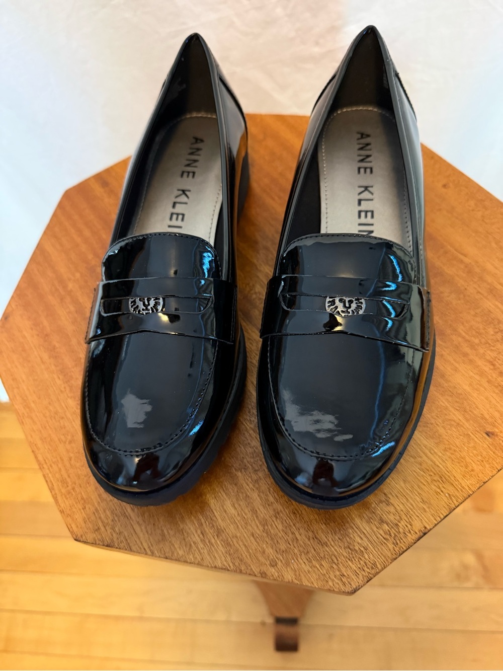 Anne Klein Black Patent Loafers with Silver Accent